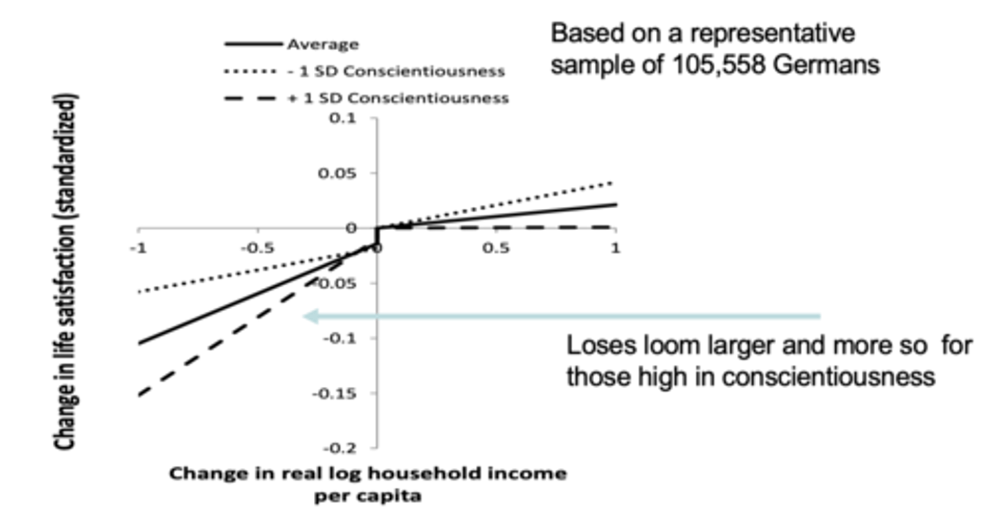 <p>- change in household income and change in life satisfaction</p><p>- losses affect those high in conscientiousness much more than those low.</p><p>- seen by + 1 SD conscientiousness</p><p>- conscientious not as beneficial when it comes to losses - greater dis utility</p>