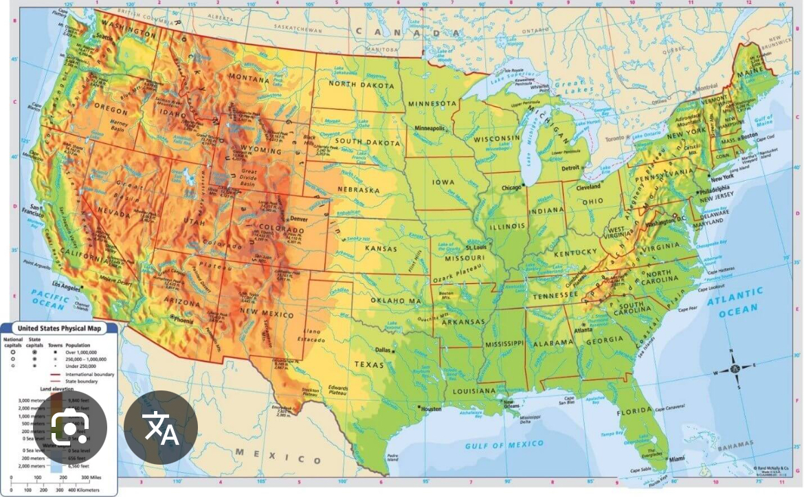 <p>Physical map show natural features: mountains, rivers, and desserts.</p>