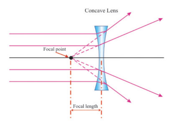 <ul><li><p>causes light rays to diverge, or spread out</p></li><li><p>The focus is on the other side of the lens</p></li><li><p>The diverging rays are extended back until they pass a certain point</p></li><li><p>The focus is described as a virtual focus because the light rays do not really come from this point</p></li></ul>