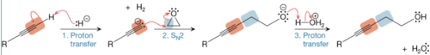 <p>alkylnide when treated w/ strong base (NaNH2) creates strong nucleophile</p><p>Alkylnide Na+ -&gt; 1. epoxide 2. H2O -&gt; alcohol w/ alkyne</p>