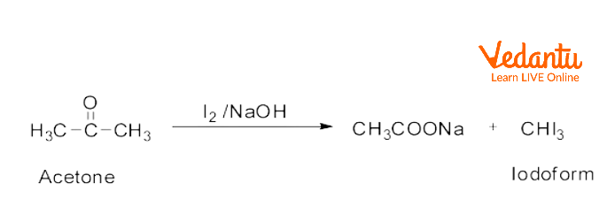 <ul><li><p>Test for methyl carbonyl (compounds with CH₃-C(O)- group/acetyl group)</p></li><li><p>Reagent: NaOI or NaOH + I<span>₂</span></p></li></ul><p></p><p>R-C(O)-CH<span>₃ + NaOI → R-COONa + CHI₃</span>↓</p><p></p>