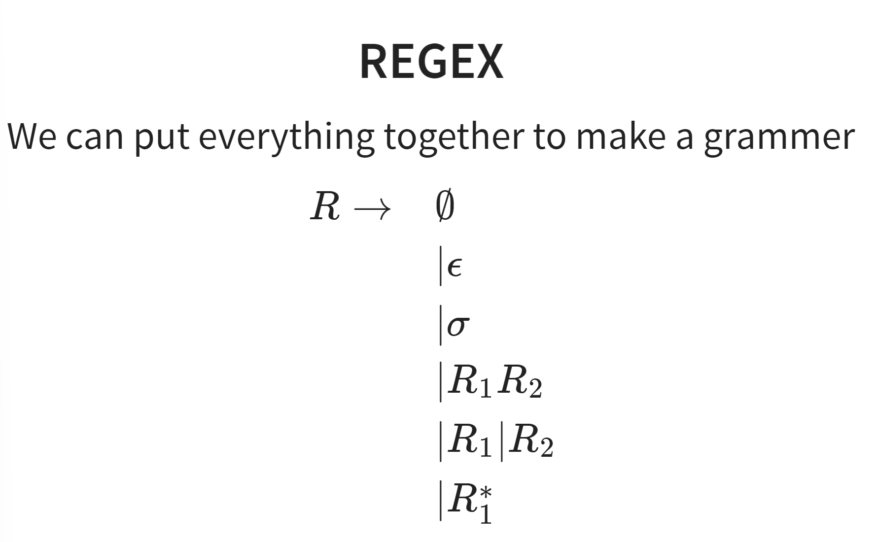 <p>Alphabet:</p><ul><li><p>Set of symbols allowed</p></li><li><p>Denoted by ∑</p></li><li><p>A string is a finite sequence of symbols from ∑</p></li></ul><p>Concatenation:</p><ul><li><p>If L1 and L2 are languages, L1 concatenated with L2 is L1L2</p></li><li><p>Allows other characters or strings to be combined</p></li><li><p>“a” + “b” = “ab”</p></li></ul><p>Branching (Unions):</p><ul><li><p>If L1 and L2 are languages, L1 unioned with L2 is L1 U L2</p></li><li><p>Therefore, {x | x ∈ L1 V x ∈ L2}</p></li><li><p>L1 = {“a”}, L2 = {“b”, … L1 U L2 U … = [a-z]</p></li></ul><p>Repetition (Kleene Closure):</p><ul><li><p>If L1 is a language, then L1* = {x | x ∈ L1 V x ∈ L1L1 V …}</p></li><li><p>If L1 = {“a”}, then L1* = a*</p></li></ul>