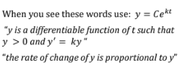 <p>When Solving a differential equation:</p><ol><li><p>seperate variables first</p></li><li><p>integrate</p></li><li><p>add +C to one side</p></li><li><p>Use initial conditions to find “C”</p></li><li><p>Write the equation in the form y = f(x)</p></li></ol><p></p>