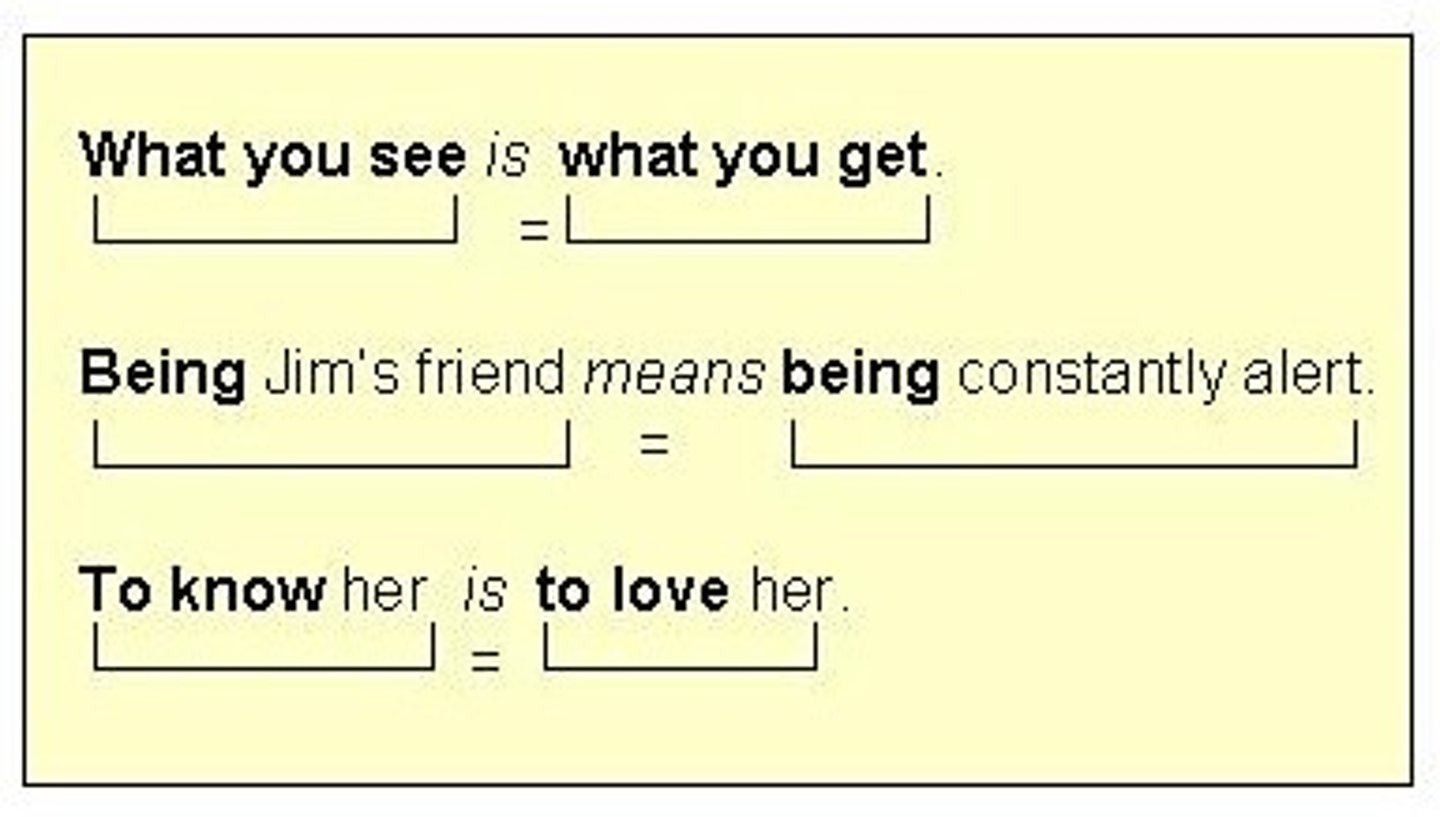 <p>the repetition of words or phrases that have similar grammatical structures</p><p>"of the people, by the people, and for the people"</p><p>preposition article noun, preposition article noun, conjunction preposition article noun,</p>