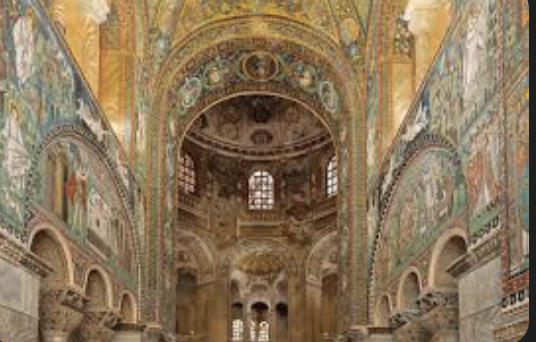 <ol><li><p>Semi-circular niches on either side of the apse are shallower than it is (making apse clearly appear as the apse)</p></li><li><p>Massive thick stone piers are what keep the building standing</p></li><li><p>The black circles seen on the plan are the columns within the structure</p><ol><li><p>we can see massive space between the columns (thinness of columns allows light to pass directly into the space)</p></li></ol></li><li><p>Light is able to pass through the inner sanctuary because of the clerestory </p><ol><li><p>San Vitale Clerestory: refers to the upper windows of the octagonal church, a masterpiece of Byzantine architecture famous for its vibrant mosaics. These windows provide light to the upper part of the building, where mosaics from the 6th century depict scenes like Christ enthroned and biblical narratives, symbolizing divine authority and the Church’s connection to the imperial power of Justinian and Theodora</p></li></ol></li><li><p>Jesus on furthest roof of apse: halo imagery, sitting on the orb of the world, hold a crown towards san vitale in one of his hands —> when you arrive in heaven you are crowned by a heavenly light</p><ol><li><p>Cloak of Christ would’ve originally been purple, quoting antique visual language</p></li></ol></li></ol><p>Transubstantiation → on this table, the substance of it, contain christ in both</p><p>Why we see in every part of this program images of Christ, the moment that the priest consecrates it is transformed from blood and bread</p><p>All these images depict what is happening on the table</p><p></p><p></p>