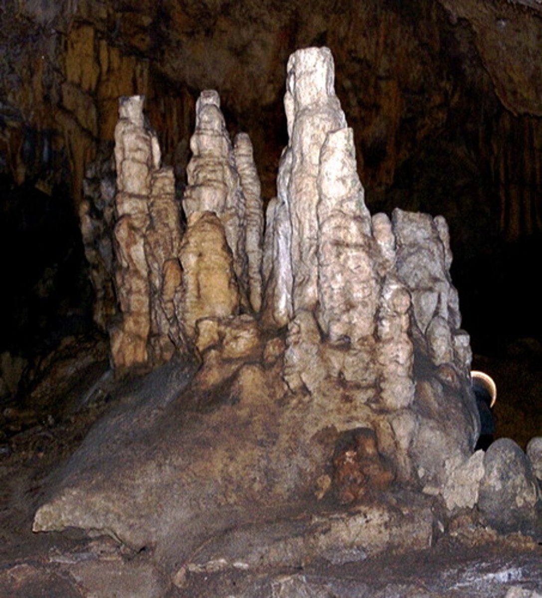 <p>limestone dissolved by acid that forms a cone building upward from the ground of an underground cave</p>