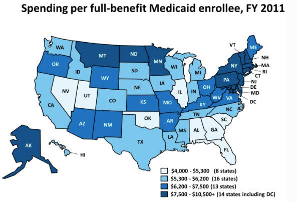 <p>Each state sets its own budget to pay for its respective full-benefit Medicaid enrollees.</p><p>Which of the following constitutional principles best explains the variation in full-benefit payments illustrated by the map?</p>