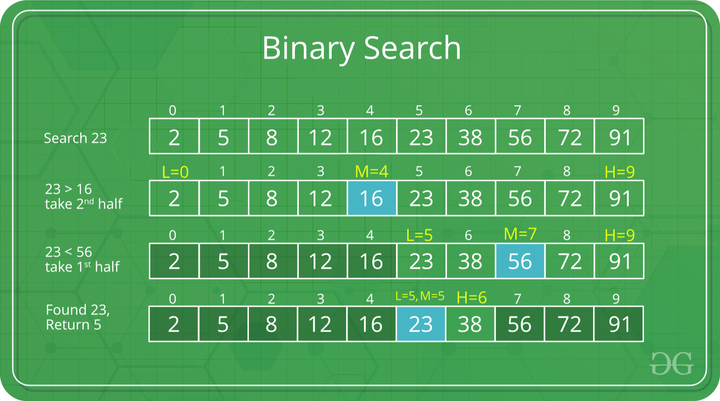 <p>Compares the middle item to the target then discards half of the list which the target can&apos;t be in. It then finds the next middle item, and repeats until the target is found.</p>