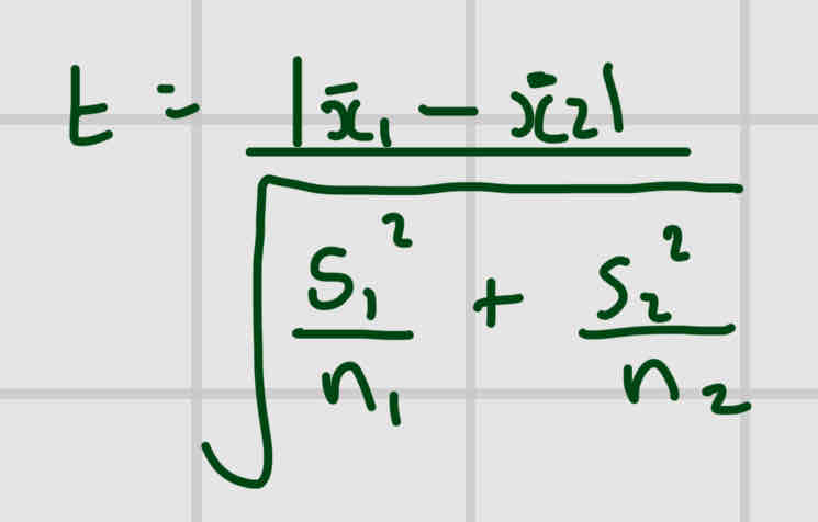 <p>X1= mean of sample 1 </p><p>X2= mean of sample 2</p><p>N1/N2- no of individuals measurements in sample ½
</p><p>S1²= standard deviation of sample 1 squared </p><p>S12²= standard deviation of sample 2 squared</p><p></p>