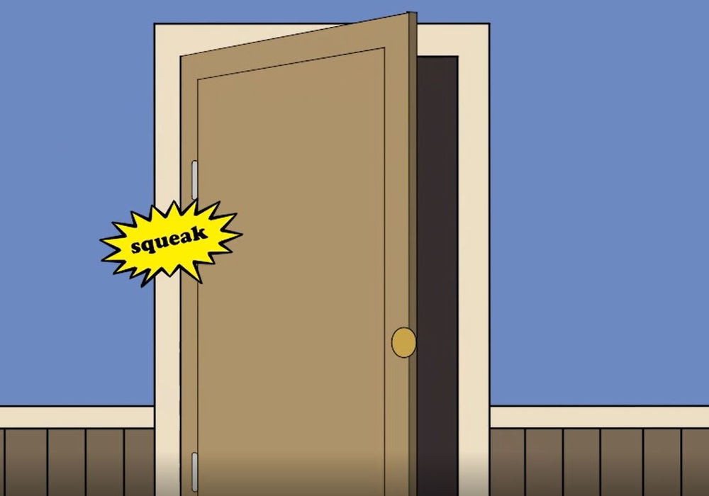 <p>tiếng kẽo kẹt của cửa cũ</p>