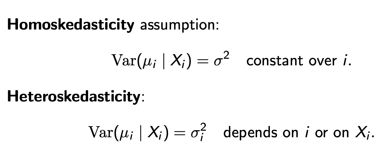 <p>variance of u given x is constant (sigma²) over i </p><p></p><p>HETERO it RELIES ON sigma² of i - VARIES ON i/Xi</p><p></p>