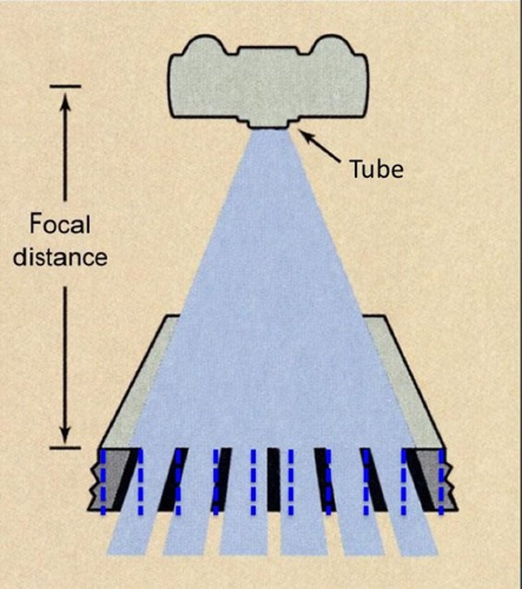<p>-lead strips angled to coincide w/ divergence of beam </p><p>-Focal range - specific SID</p>