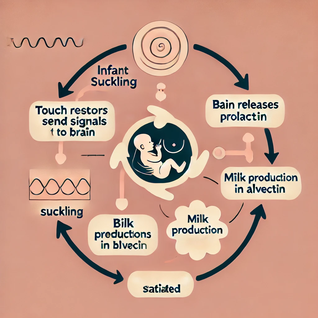 <p><strong>Stimulus:</strong> Infant suckling.<br><strong>Receptors:</strong> Touch receptors in the parent’s nipple detect the suckling action.<br><strong>Control Center:</strong> The brain (specifically, the pituitary gland) receives the signals and processes the information.<br><strong>Effector:</strong> The pituitary gland releases the hormone prolactin, which stimulates the alveoli in the breasts to produce milk.<br><strong>Response:</strong> Milk production increases, encouraging more suckling, which amplifies the process.</p><p>This is an example of a <strong>positive feedback loop</strong>, where the initial stimulus (suckling) is reinforced until the infant is satiated, at which point the loop ends.</p>