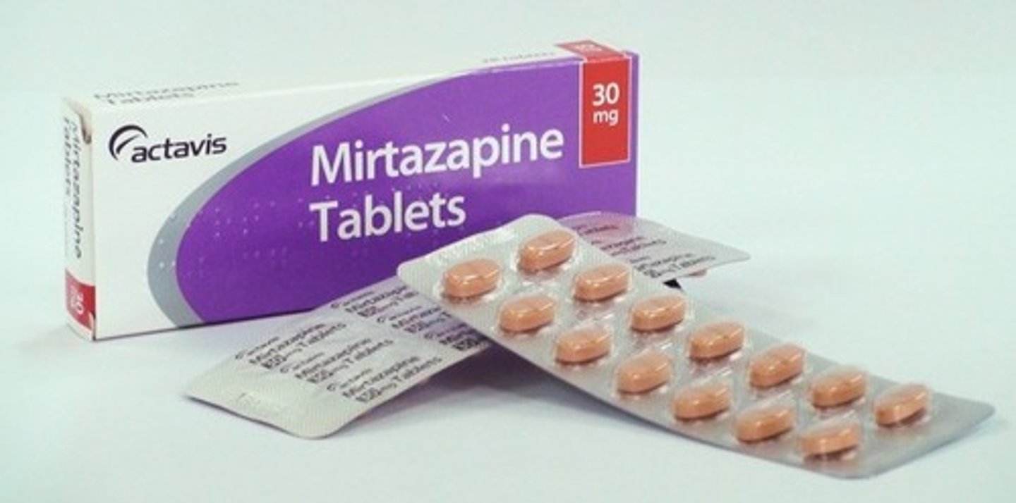 <p><strong>ANTIDEPRESSANT for DEPRESSION AND ANXIETY</strong></p><p><em>increases mood enhancing chemicals</em></p><p>FORMS: tablet, orodispersable tablet, oral solution</p><p>SIDE EFFECTS: sedation, weight gain, headache </p>