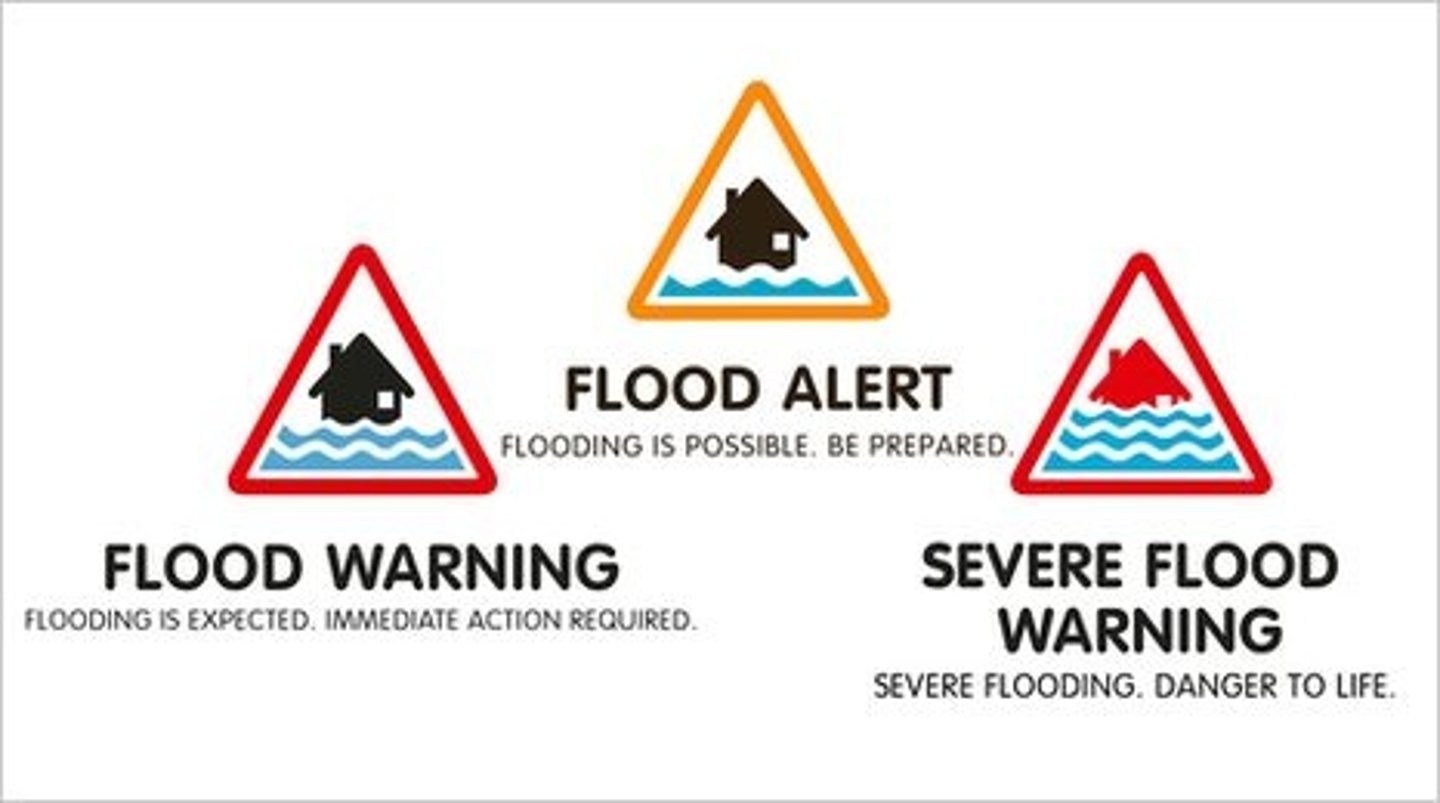 <p>flood alert: flooding is possible; be prepared, flood warning:flooding is expected;immediate action required, severe flood warning: severe flooding; danger to life</p>