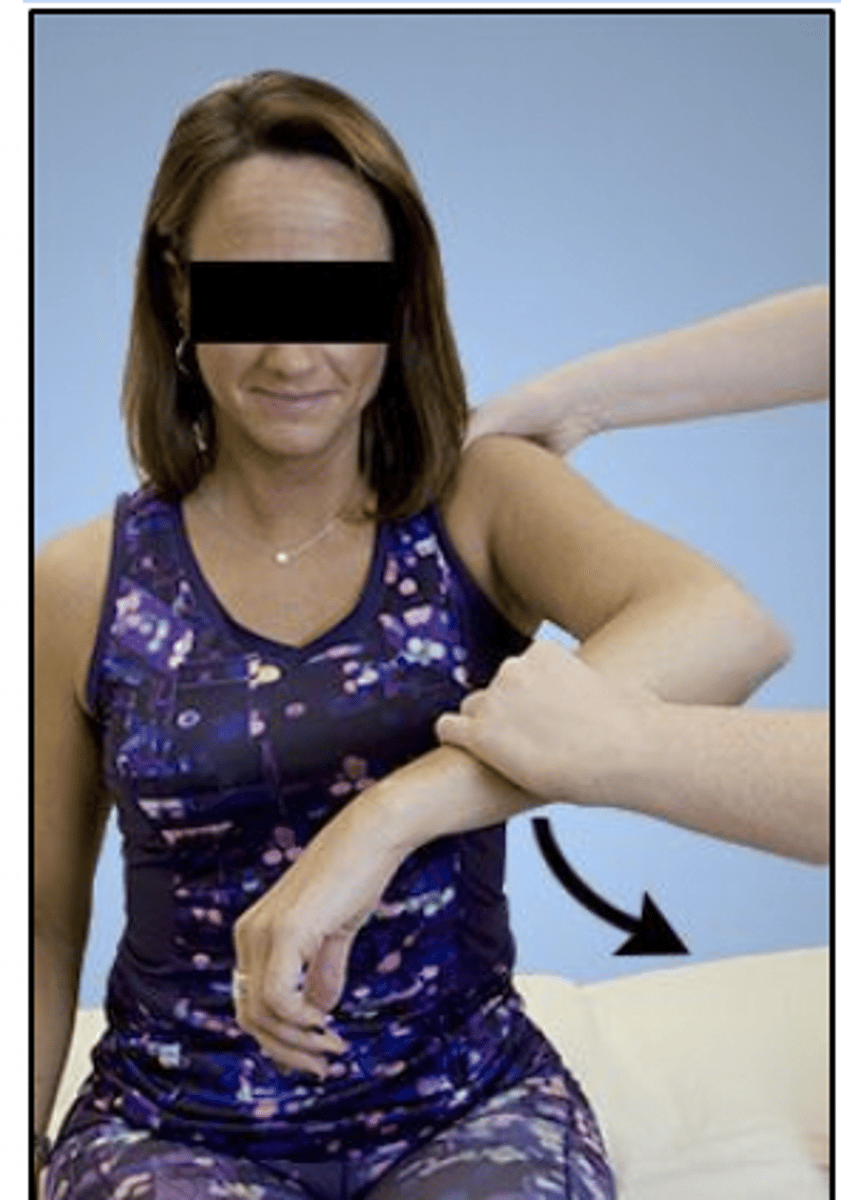 <p>Rationale</p><p>1. The photograph shows the Hawkins-Kennedy test. Anterior glenohumeral instability is not tested with the Hawkins-Kennedy test. The Hawkins-Kennedy test is used to test for impingement signs for the diagnosis of subacromial bursitis or rotator cuff pathology. (p. 630)</p><p>2. Cubital tunnel syndrome is not tested with the Hawkins-Kennedy test. The elbow flexion test or Tinel sign is used to test for cubital tunnel syndrome. (pp. 738-739)</p><p>3. The photograph shows the Hawkins-Kennedy test, which is used to test for impingement syndrome of the shoulder (p. 630).</p><p>4. Thoracic outlet syndrome is not tested with the Hawkins-Kennedy test. It is tested with the Roos test. (p. 1300)</p>