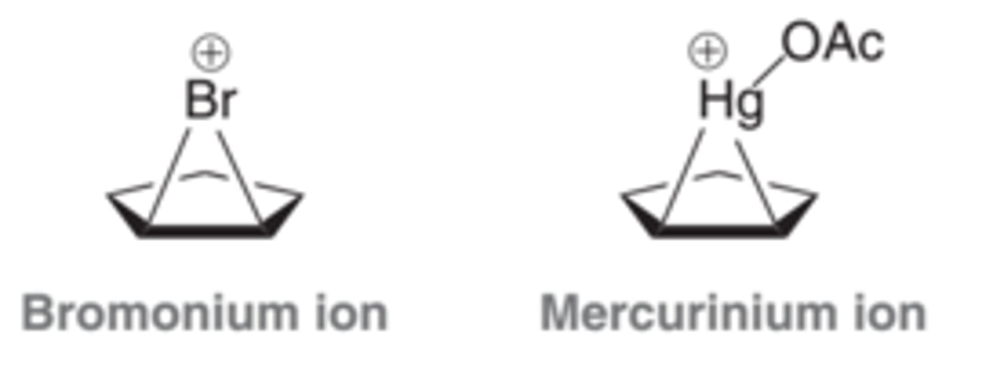 <p>Is similar in structure and reactivity to the mercurinium ion</p>