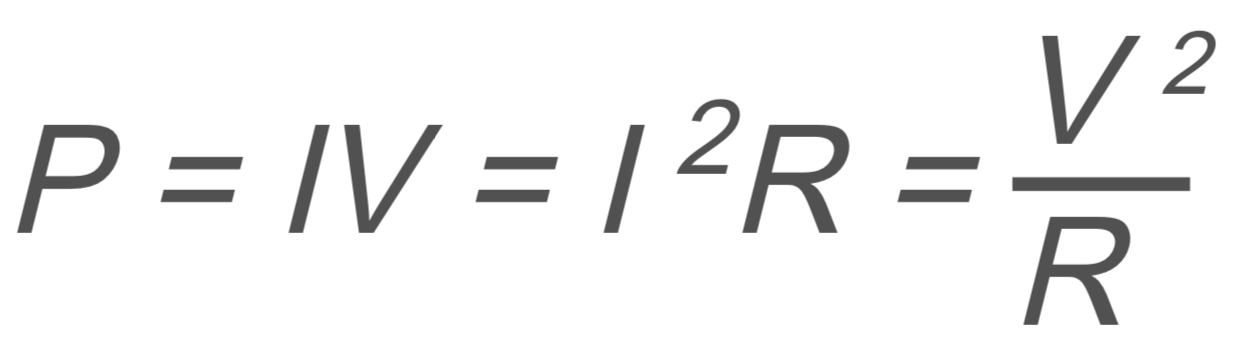 <p>P → power</p><p>I → current</p><p>V → voltage</p><p>R → resistance</p>