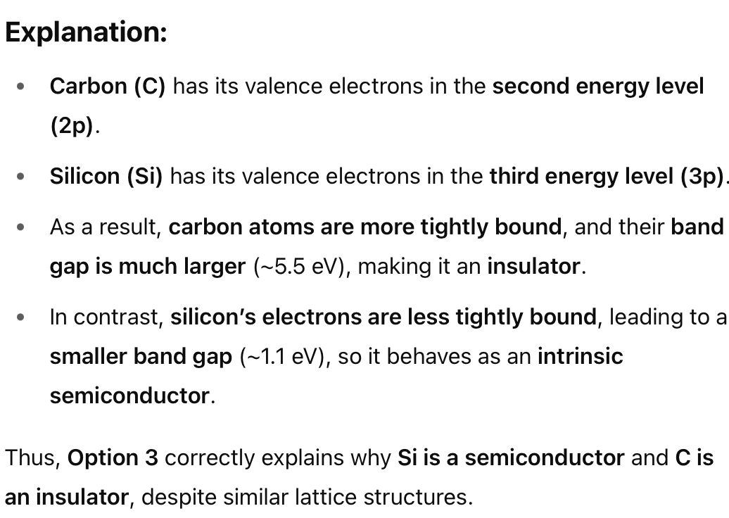 <p>Correct Answer: <strong>3.</strong></p><p class=""><strong>"The four bonding electrons in the case of C lie in the second orbit, whereas in the case of Si, they lie in the third."</strong></p>