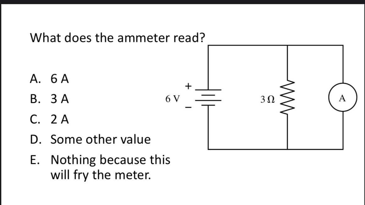 <p>What does the ammeter read?</p><p> </p><img src="blob:null/e95eb814-6982-4c5d-b60e-b33601d5c051"><p>A. 6 A</p><p>B. 3 A</p><p>C. 2 A</p><p>D. Some other value</p><p>E. Nothing because this will fry the meter.</p>