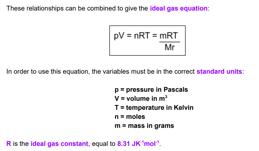 <ul><li><p>one mole of any gas at room temperature and pressure will take up the same volume. moles * 24dm<sup>3</sup> =gas volume at STP, 22.4= gas volume at RTP</p></li><li><p>RTP(room temp and pressure 25c, 1atm) STP(standard temp and pressure 0c 1atm)</p></li><li><p>for gases and volatile liquids pressure is proportional to temperature, volume is proportional to temp, pressure and vol are inversely proportional</p></li><li><p>m<sup>3 </sup>×1000=dm<sup>3</sup></p></li></ul><p></p>