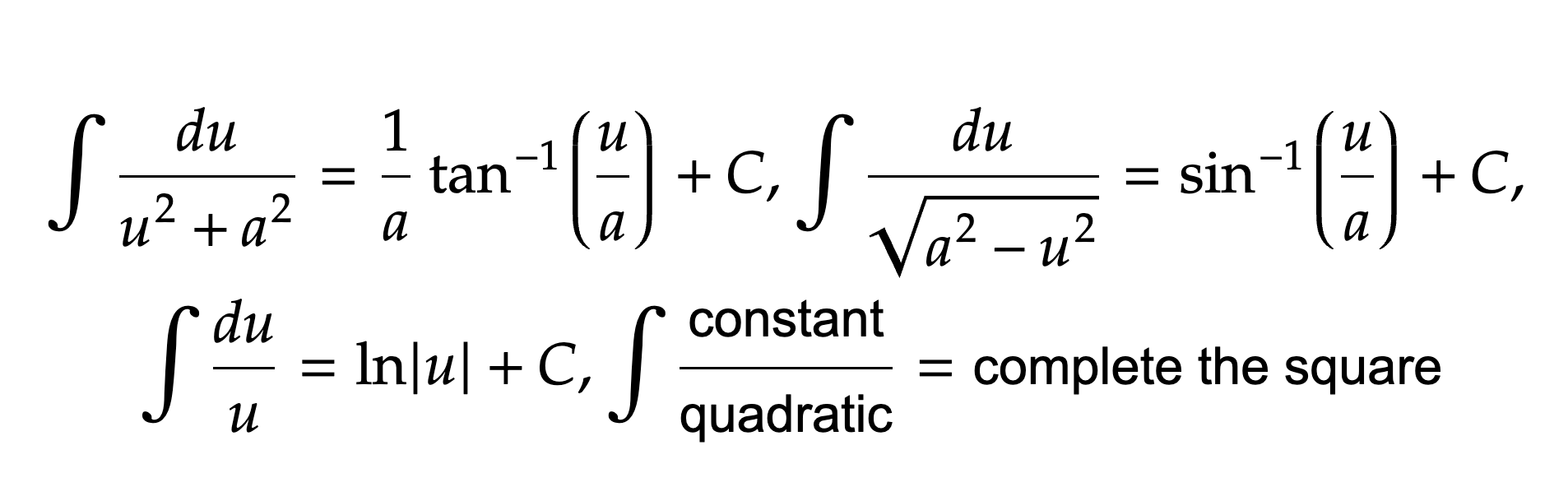 <p>In the image are some shortcuts to save time on a trig sub. You can do the inverse trig shortcuts by hand, but it’s much faster just to know the formula, especially since these show up a lot when integrating rational functions.</p>