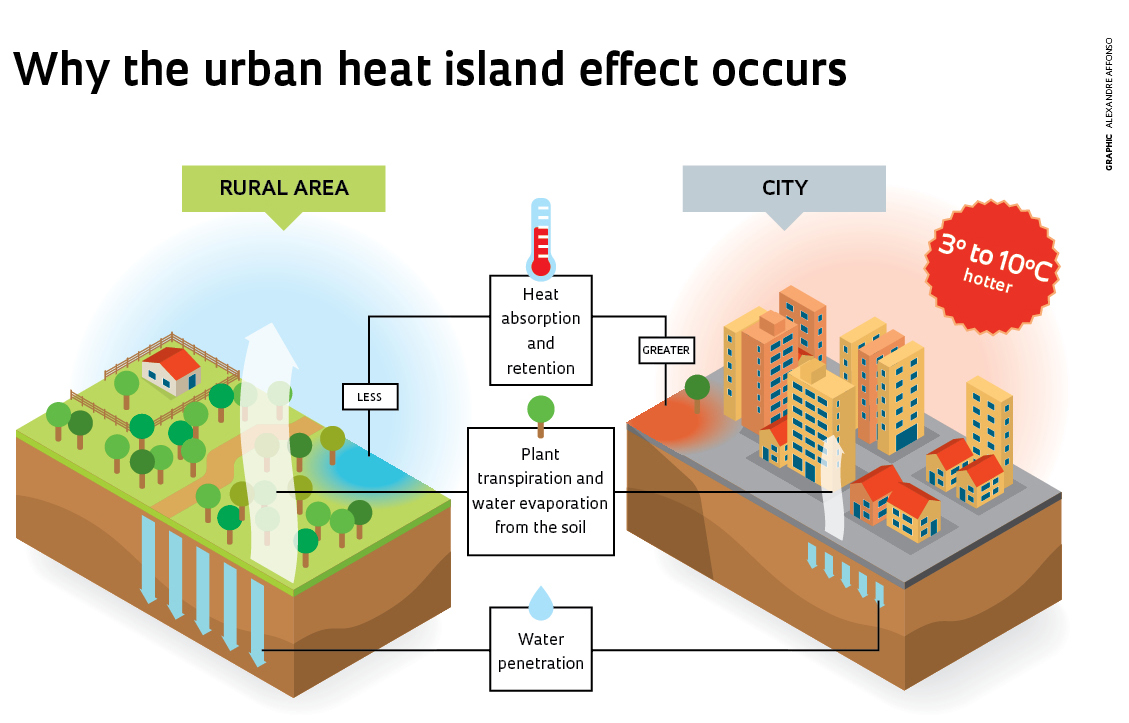 when temps in cities > rural areas

* materials absorb, collect, and reflect heat
  * stone, asphalt, concrete = high heat capacity
