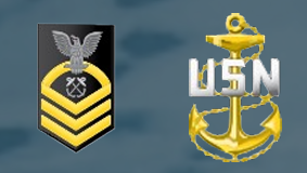 <p>Three chevrons below one rocker below one eagle. In khaki uniform, the insignia is a gold fouled anchor collar device with a silver USN superimposed across the anchor.</p>