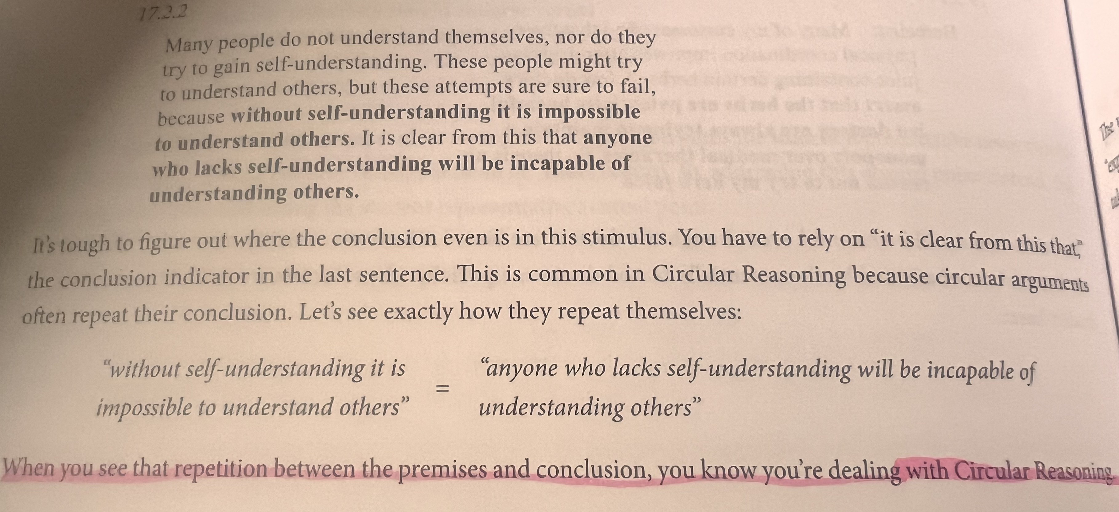 <ol><li><p>Crazy person concludes something.</p></li><li><p>Crazy person supplies premises that assume the conclusion is already true. </p><p>Assumes the conclusion is true before doing work of proving it so.</p><p>Loophole- What of we can’t use the conclusion as evidence for itself?</p><p></p></li></ol><p></p>