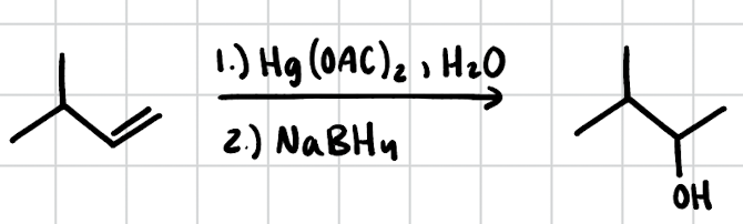 <ol><li><p>Hg(OAc)<sub>2</sub>, H<sub>2</sub>O</p></li><li><p>NaBH<sub>4</sub></p></li></ol><p></p>