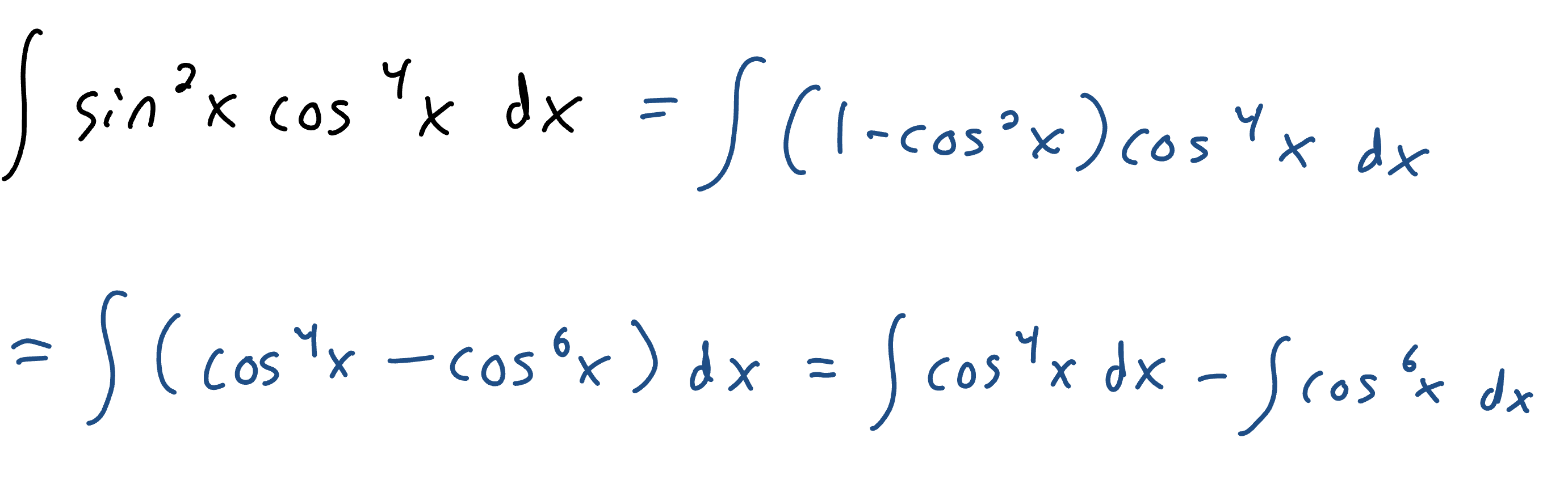 <p>If at least one power is odd, save a factor of any odd power. Use a power reducing formula and convert everything left into the other trig function. Then, u sub for the other trig function, so the factor you saved becomes du.</p><p>If both powers are even, use power reducing to get everything into the same trig function. Then, use Form 1 to solve the integrals you get.</p>
