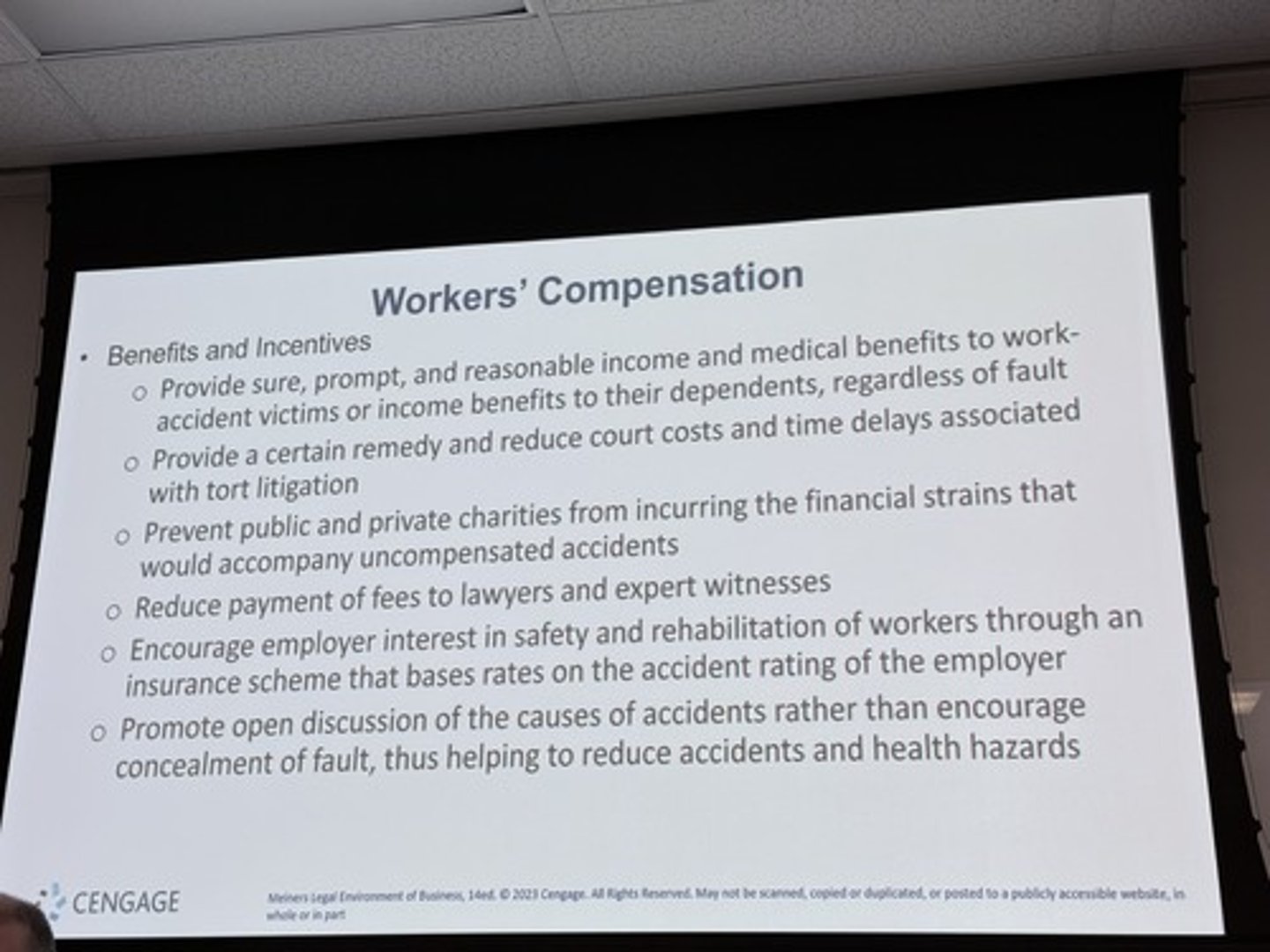 <p>1) Provide sure, prompt, and reasonable income and medical benefits to work-accident victims or income benefits to their dependents, regardless of fault.</p><p>2) Provide a certain remedy and reduce court costs and time delays associated with tort litigation.</p><p>3) Prevent public and private charities from incurring the financial strains that would accompany uncompensated accidents.</p><p>4) Reduce payment of fees to the lawyers and expert witnesses.</p><p>5) Encourage employer interest in safety and rehabilitation of workers through an insurance scheme that bases rates on the accident rating of the employer.</p><p>6) Promote open discussion of the causes of accidents rather than encourage concealment of fault, thus helping reduce accidents and health hazards.</p>