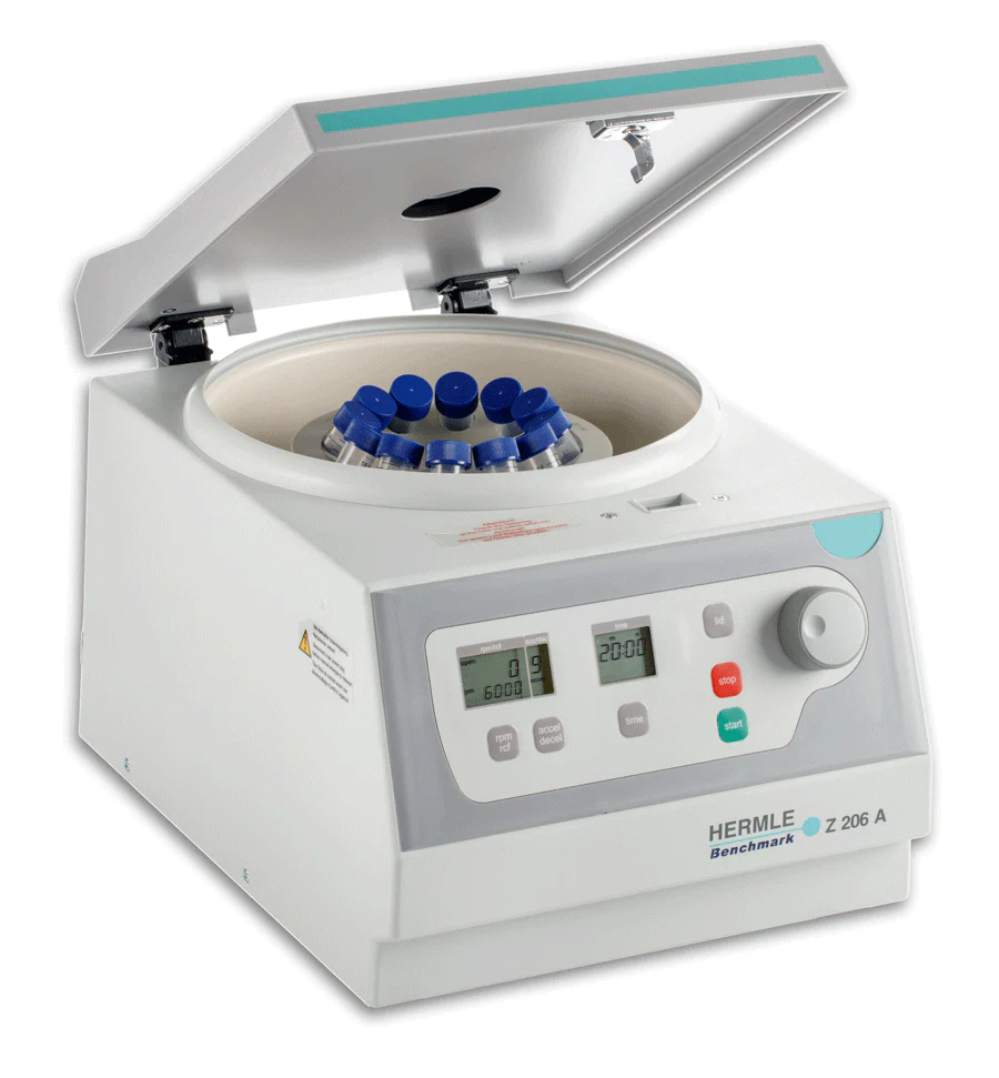 <p>Used to separate components of a mixture by spinning at high speed.</p>