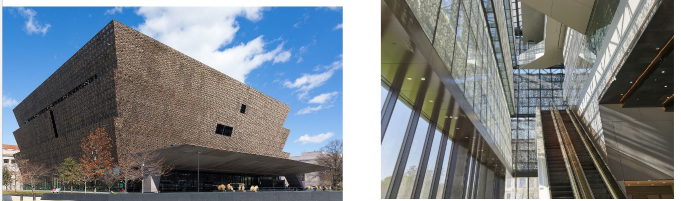 built by David Adjaye
Operates simultaneously as a museum + memorial + space for cross-cultural community building
Main design elements: overall “corona” shape + the porch(extension of the building into the landscape) + filigree envelope (bronze-coated aluminum lattice)
Envelope pattern: reference to African American craftsmanship