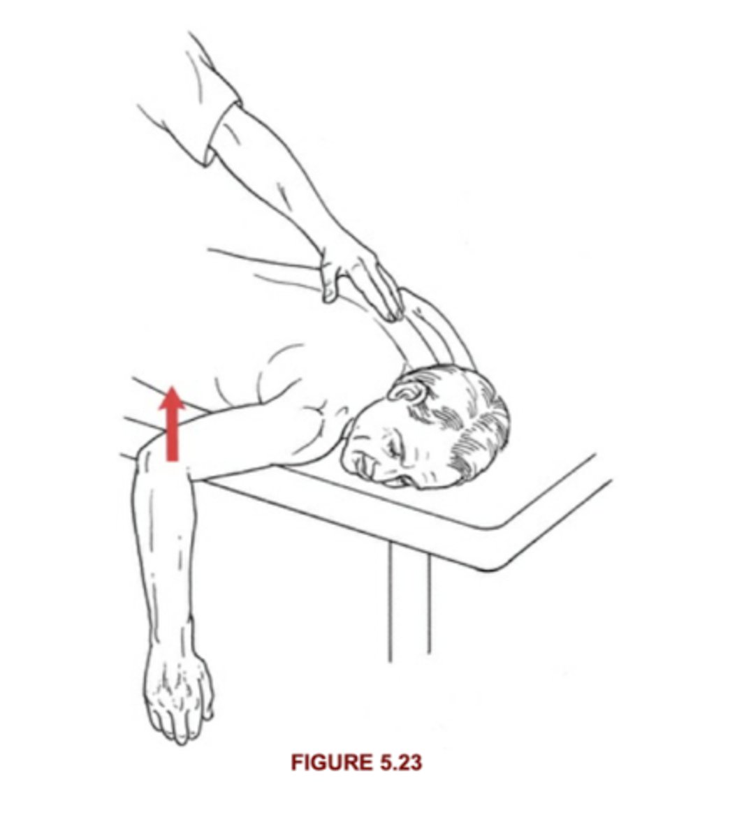 <p>Prone at edge of table, shoulder ABD to 90, elbow flexed to 90, forearm hanging off table</p>