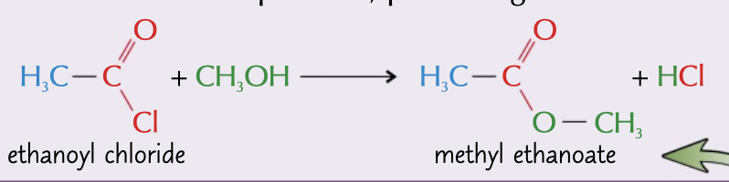 <p>a irreversible vigorous reaction that quickly produces an ester</p><p>Cl is subsituted by an oxygen, nucleophilic substitution</p>