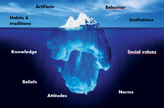 Explicit/overt aspects (observable actions, artifacts, institutions)

Implicit/covert aspects (non-observable thoughts, beliefs, meanings, rules, norms, expectations)