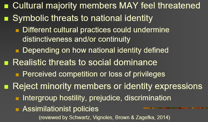 <ul><li><p>may feel threatened </p></li><li><p>symbolic threats to national identity </p></li><li><p>realistic threats to social dominance</p></li><li><p>reject minority members or identity expressions</p></li></ul>