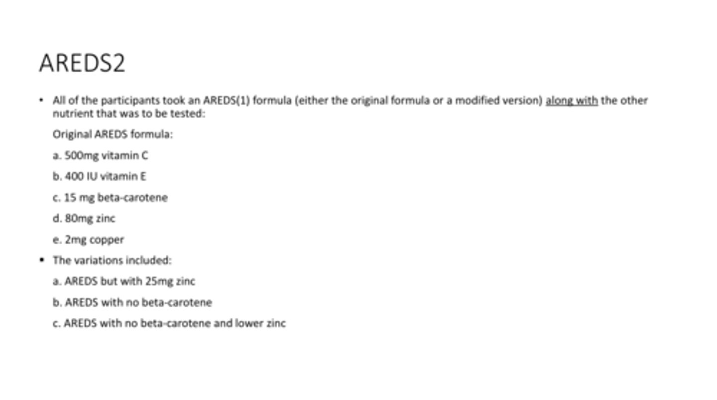 <p>What are the 4 different groups included in the AREDS2 Study?</p>