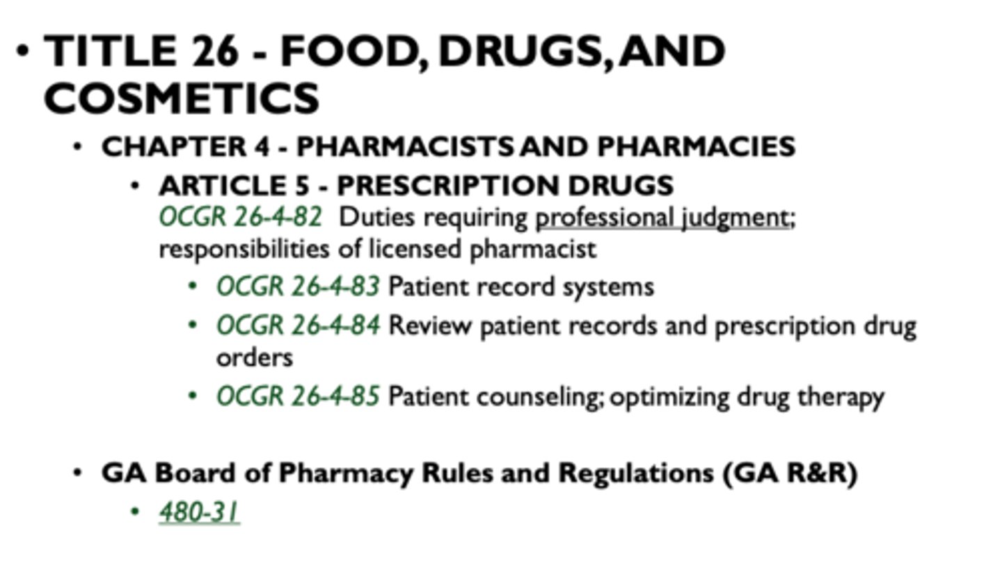 <p>- AKA Title 26 - Food, Drugs, and Cosmetics</p><p>- chapter 4 is specific for pharmacists and pharmacies</p><p>- article 5 of chapter 4 specific rules for prescription drugs</p>