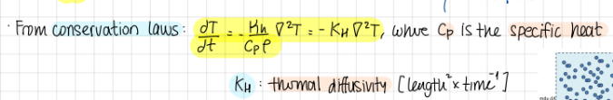 <p>(dT/dt)=-(kappa_h/(C_P*rho))*grad²*T=-K_H*grad²*T</p><p>Cp is the specific heat (heat capacity at P cte)</p><p>K_H is the thermal diffusivity (length² * time^-1)</p>