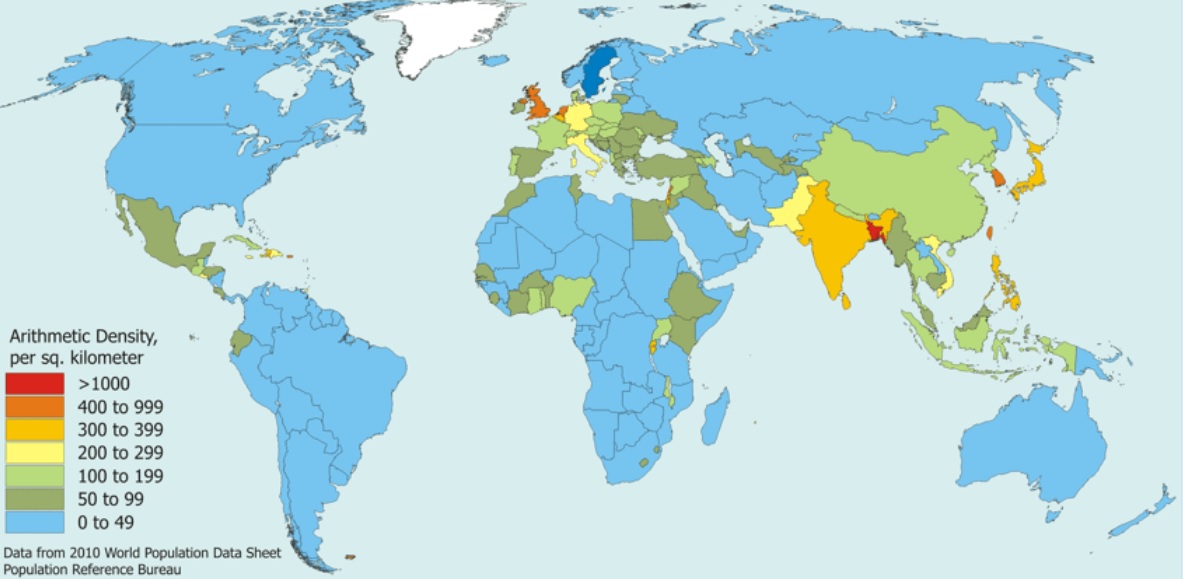 <p>The average number of people per unit of land area (usually per square mile or kilometer);higher the number = greater the pressure (strain) on the land for resources (water, timber, minerals, non-renewable resources) and sanitation</p>
