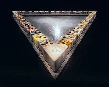 <p>When: 1974-79 (Postmodernism) Who: Judy Chicago Extra Facts: each part is for a specific woman throughout history (39 sections), empowers crafts like quilting, center is 999 tiles w/ women&apos;s names on them, early feminist art</p>