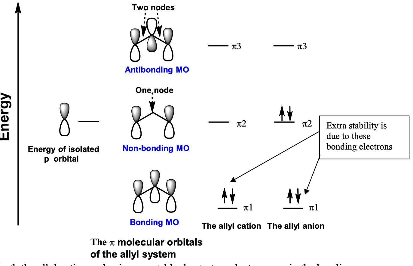 allyl cations have two π electrons in the bonding MO, which is lower energy and is the most stable orbital. the anion has 4 π electrons, 2 in the bonding MO and 2 in the non-bonding MO, which is less stable. The extra stability is due to the bonding electrons in the bonding MO
