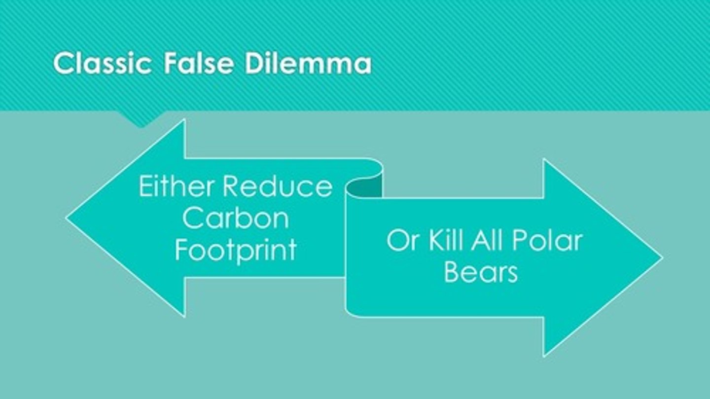 <p>a fallacy of logical argument which limits alternatives and choices</p>