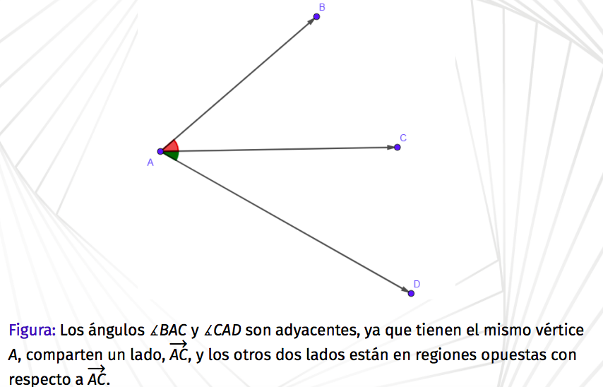 * Tienen el mismo vértice, 
* Tienen un lado en común
* Los otros dos lados están en semiplanos opuestos con respecto al lado en común.