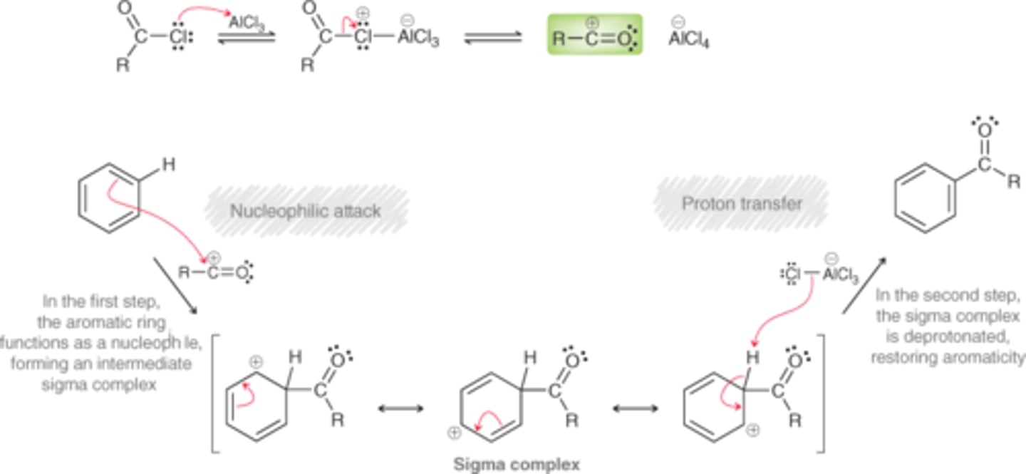 <p>The acylium ion is attacked by benzene, which produces an intermediate sigma complex, when is then deprotonated to restore aromaticity.</p>