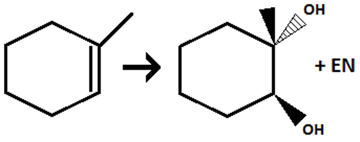 <p>(anti dihydroxylation) anti addition of two OH's</p>