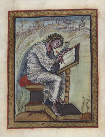 <p>Date: 816-835</p><p>Media Category: Ink and Tempera on vellum</p><p>Location: Kunsthistorisches Museum, Vienna</p><p>Artist: Unknown</p><p>Historical Points:</p><ol><li><p>Charlemagne had a connection with the creation of this manuscript through the initiation of his program of artistic and educational reform during the Carolingian Renaissance</p></li><li><p>This manuscript was written on vellum — calf skin which was highly expensive at the time</p></li><li><p>Roman style motifs can be found throughout the manuscript through the depictions of columns, numvers, pedaments, etc.</p></li><li><p>The unique art style used for this book broke away from the more static and formal classical traditions of the time</p></li><li><p>Visually expresses the theme of divine intervention as it depicts evangelists liks st. Matthew receiving the Word of God from the Holy Spirit</p></li><li><p>This manuscript shows early attempts at naturalism, including attempts at three-dinmensional art and realistic space</p></li></ol><p></p>