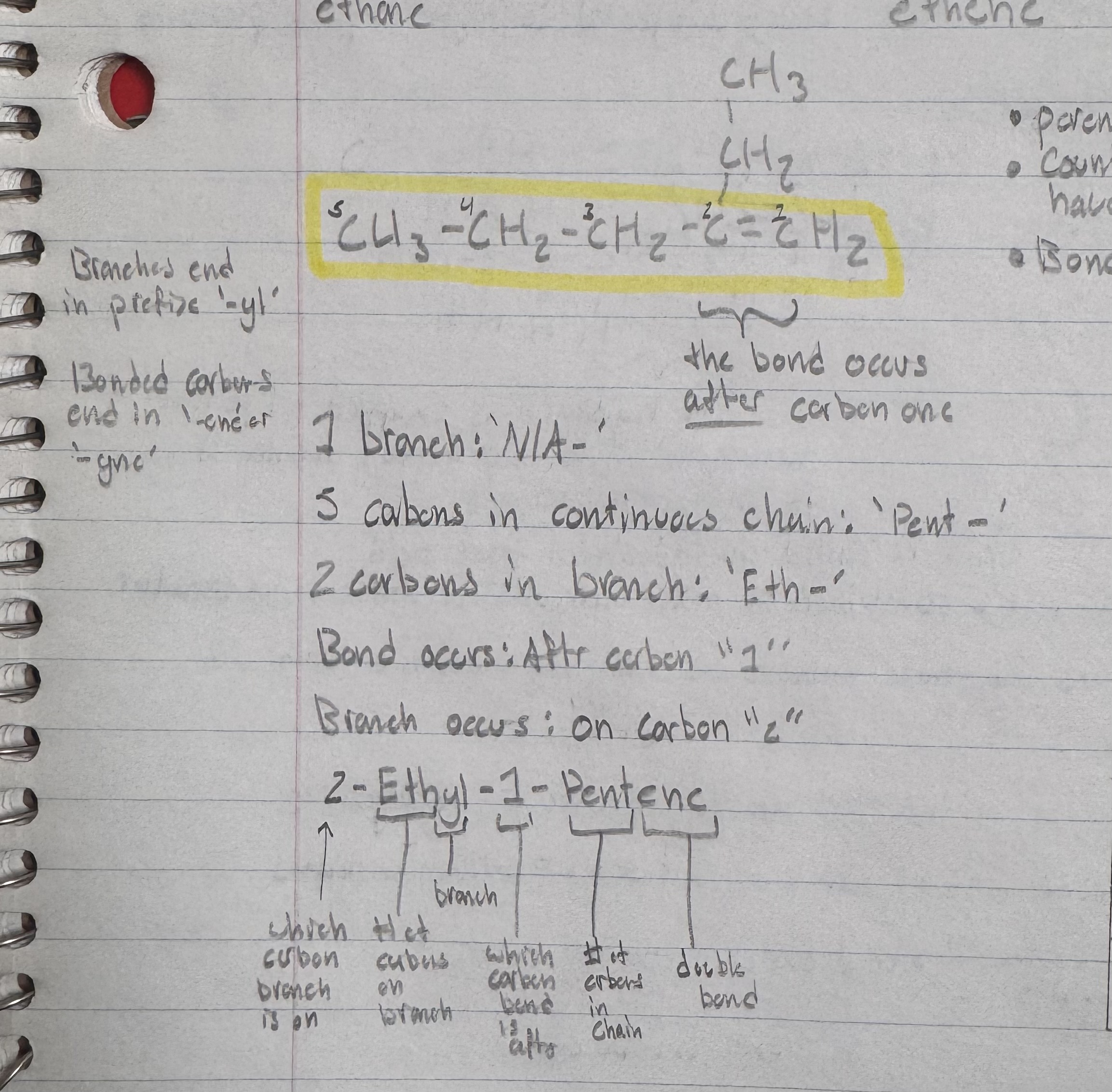 <ol><li><p>parent chains must include bonded carbons</p></li><li><p>count starts from the bonded carbon, the bond must happen after the lowest carbon</p></li></ol><p></p>
